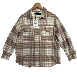 Zara Womens XS Plaid Shacket NWT Snap Front Shirt Jacket Brown Cream